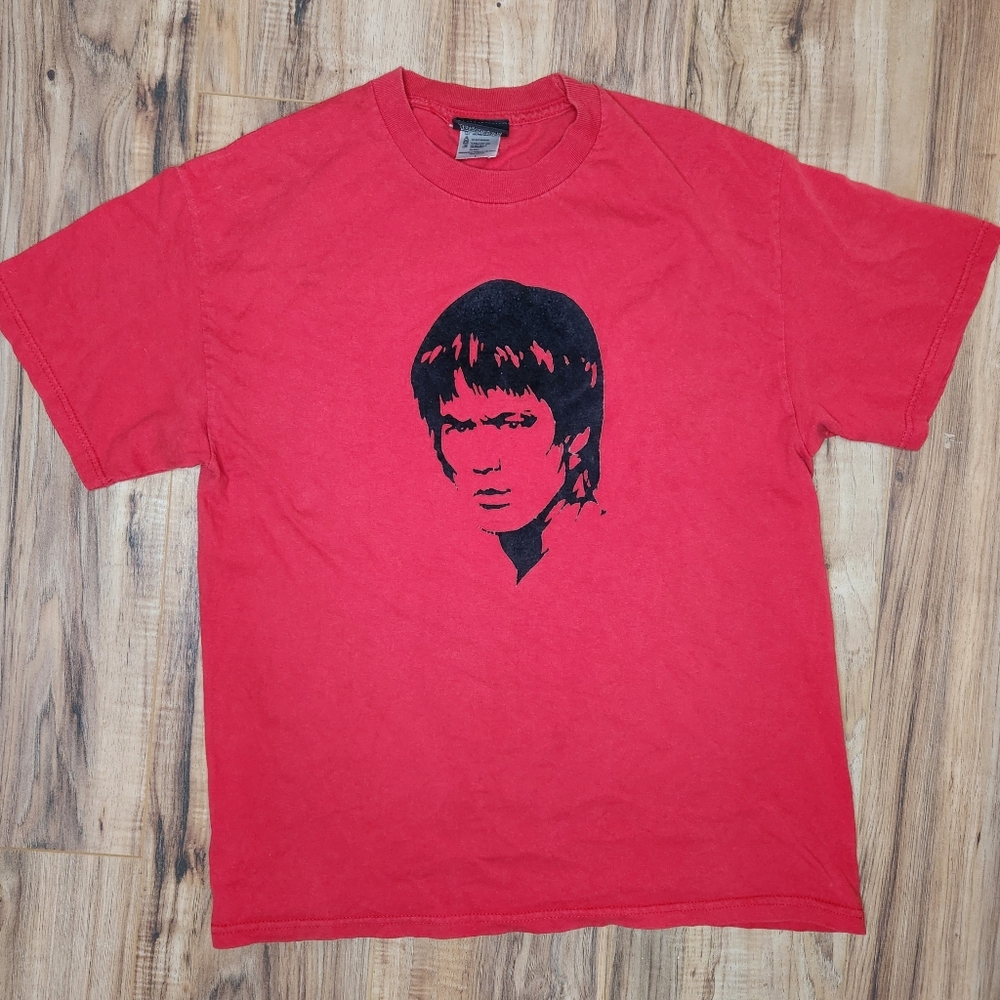 Vintage Y2K Bruce Lee Graphic Tee Red T-Shirt Size L 100% Cotton Velvet Burnout
